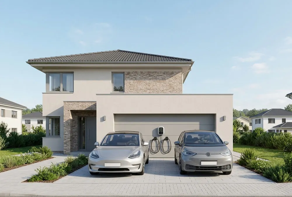 Dual EV charger installed between two parked electric cars at a European home