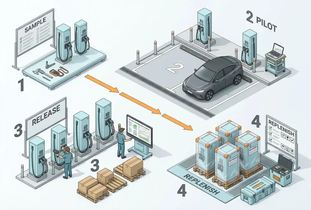 Sample, pilot, bulk release and replenishment process for wholesale EV chargers