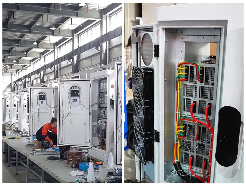 EV charger assembly process showing charging station cabinets on the factory production line and internal electrical component installation.
