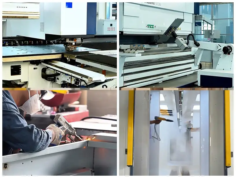 EV charger manufacturing process showing sheet metal cutting, enclosure fabrication, welding and powder coating in the factory.