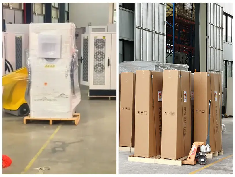 Final stage of the EV charger manufacturing process showing finished charging stations wrapped for protection and packaged in shipping cartons at the factory.