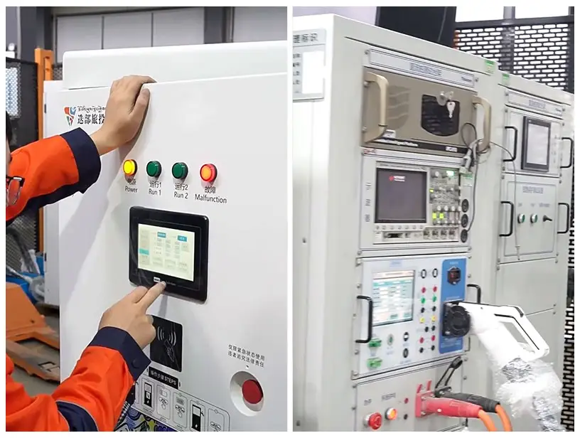 EV charger quality testing in the manufacturing process, with a technician operating a charging station control panel and electrical testing equipment.