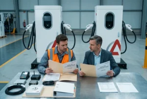 Buyer comparing two DC fast charger price quotations with different included equipment