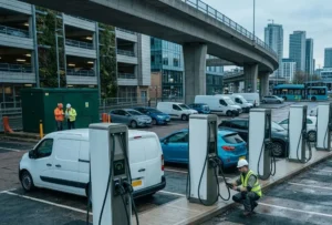 OCPP commercial EV charging station monitored through a charging management system