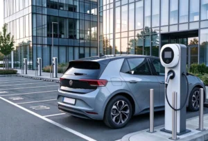 Workplace EV charging stations beside parked electric cars at a European office